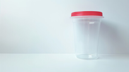 Wall Mural - Transparent urine analysis container with a red lid. Clear specimen cup on a white backdrop. Concept of urinalysis, medical examination, and specimen collection. Banner. Copy space