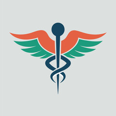 Sticker - A contemporary version of the traditional medical caduceus symbol, featuring a rod with wings, A sleek and modern interpretation of the caduceus symbol for a medical facility's logo