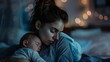 © Sarbinaz Mustafina - A woman is holding a sleeping baby in her arms. The baby is wrapped in a blanket and he is very calm. The woman looks tired and exhausted, but she is content and happy to be holding her child