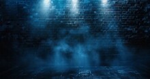Dark Background, Brick Wall With Spotlight And Fog, Dark Blue Tones, Mysterious Atmosphere, Empty Stage For Product Presentation Or Concert Poster Generative AI