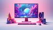 A mesmerizing composition showcasing a gaming PC setup with RGB-lit case, an isolated screen, and a white solid background, creating a visually appealing setting for mockup, app, or game presentations