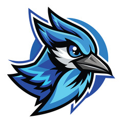 Wall Mural - A blue and white bird with a black beak perched on a branch, Blue Jay Bird Logo Mascot, Dynamic Vector