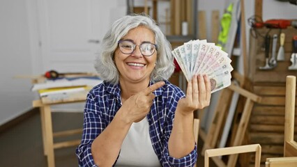 Wall Mural - Joyful middle age woman, grey-haired and cheerful, optimistically holding zloty banknotes in hand, smiling with teeth showing, excitedly pointing finger at carpentry workplace indoors.