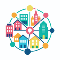 Poster - Minimalist graphic of interconnected circle featuring buildings and key symbol, Construct a minimalist graphic of interconnected urban neighborhoods, emphasizing community and connectivity