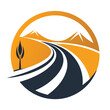 A tree growing in the center of a road, surrounded by asphalt and dividing the path for vehicles, Craft a simple and elegant logo that captures the essence of the open road