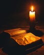 Bible casting shadow in flickering candlelight, pitch darkness, intimate close-up