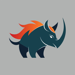 Poster - A rhinoceros with a distinctive orange and blue tail standing on a plain gray surface, Create a minimalist logo of a rhinoceros in a clean, sleek style