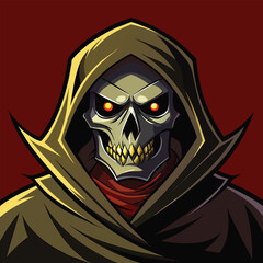 Wall Mural - A skull dressed in a hooded jacket, featuring glowing red eyes, creating a menacing and mysterious appearance, Dark Grim Reaper with Mask and Hood, Vector Illustration