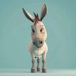 An adorable 3D-rendered cartoon donkey character standing, with a curious expression, against a light blue background.