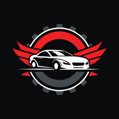 Wall Mural - A sleek car with wings superimposed on a black background, Generate a clean and modern logo for an auto repair garage