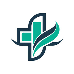 Wall Mural - A modern logo featuring a cross intersecting with a leaf, designed for a medical clinic, Develop a sleek and modern logo for a medical clinic, utilizing clean lines and subtle details