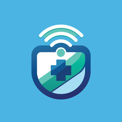 Sticker - A shield featuring a prominent cross symbol on top, designed for a remote patient monitoring system, Generate a sleek emblem for a remote patient monitoring tool