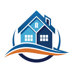 Sticker - A blue house surrounded by an orange wave, standing out boldly against the background, house building logo design