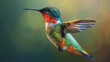 A vibrant hummingbird hovering mid-air with wings outspread against a soft green backdrop.