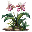 Digital artwork of vibrant pink lady slipper orchids in full bloom, set against a backdrop of lush green leaves.