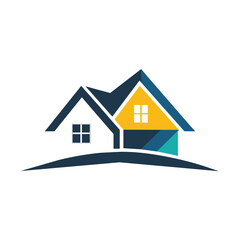 Sticker - A house featuring a blue roof and yellow windows against a clear sky, Real Estate Vector Logo Design