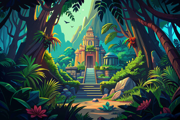 Wall Mural - Mystical temple hidden in a lush jungle Illustration