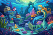 Underwater kingdom with mermaids, sea monsters, and sunken treasure Illustration