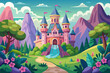 Whimsical fairy tale castle with towering spires and lush gardens Illustration