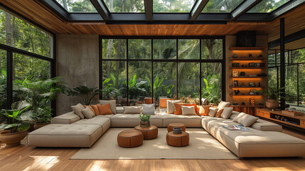 Wall Mural - 3D design. Image of interior of cozy modern living room with massive skylight jungle from ceiling while furnished with modern furniture and glass walls displaying admirable outside scenery.