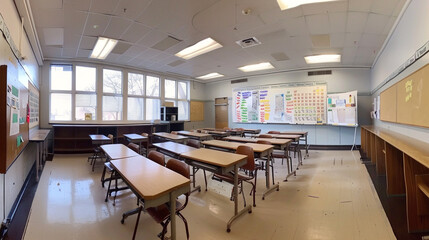 Wall Mural - A wide-angle shot of an empty classroom, showcasing rows of desks and a whiteboard with a timeline of historical events.
