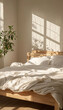 © NoemiOlivera - Cama en habitación blanca y natural, con cabecero de madera. Estilo boho chic natural. Con sol entrando por la ventana.