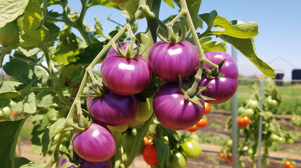 Canvas Print - purple tomatoes on the tomato plants waterdrops on the tomatoes	