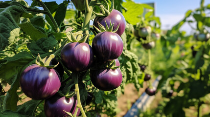 Canvas Print - purple tomatoes on the tomato plants waterdrops on the tomatoes	