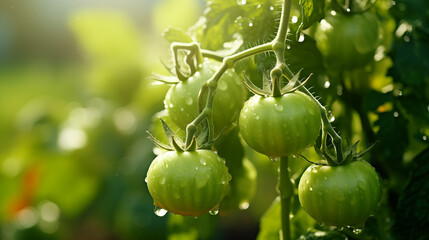 green tomatoes on the tomato plants waterdrops on the tomatoes	