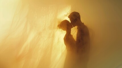 Wall Mural - A couple kissing in a foggy room with the light on, AI