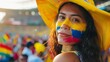 beautiful woman with her face painted with the flag of Colombia in high resolution and quality. Paris Olympic Games concept, sporting event