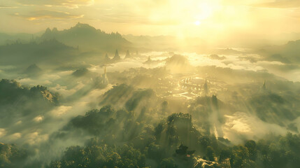 Poster - A panoramic view of a foggy valley at sunrise, stitched panorama to capture the expansive and ethereal landscape