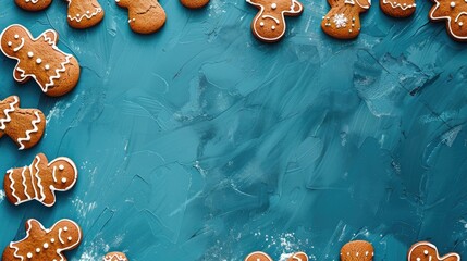 Sticker - Holiday themed border of gingerbread on a blue surface viewed from above