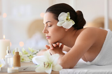 Sticker - Young woman relaxing in spa salon, closeup