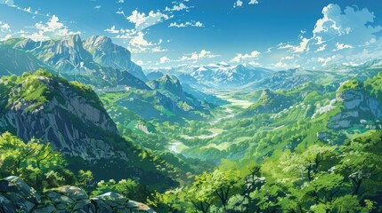 Poster - Landscape of Verdant Mountains Rivers and Clear Blue Sky