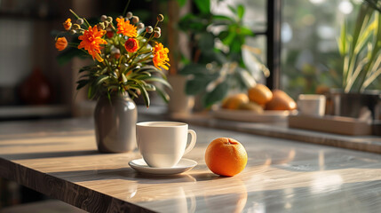A table with a white coffee cup and a plate of oranges