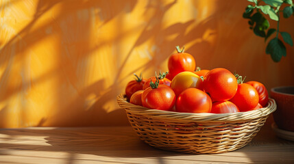 Wall Mural - A basket of tomatoes sits on a table in front of a yellow wall