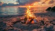 bonfire in the middle of a beach on a beautiful summer sunset in high resolution