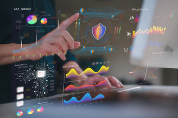 DevSecOps Software development cycle programming concept, software development IT operations, man using computer and tech icons in agile methodology environment, coder sysadmin working with system