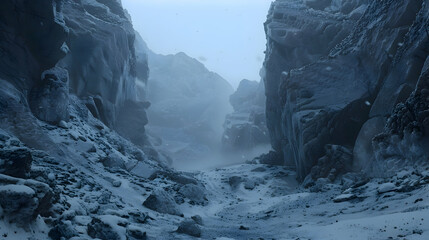 Sticker - A steep, snowy mountain pass, shot with an anamorphic lens to emphasize the width and drama of the landscape