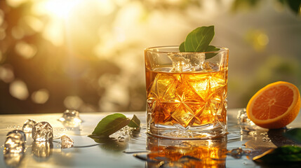 Poster - A glass of liquor with ice and an orange slice on the side