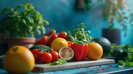 Wall Mural - A variety of fruits and vegetables are displayed on a wooden cutting board