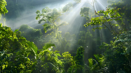 Sticker - A sunbeam piercing through a dense tropical forest, highlighting the mist and rich green foliage, captured with backlighting technique