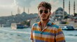 Portrait of a young adult man against the background of the night panorama of Istanbul, Turkey. Male tourist posing on the Galata Bridge over the Golden Horn at dusk