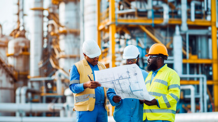 Wall Mural - Team of engineers in safety gear reviewing blueprints at an industrial site