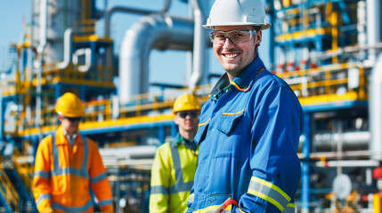 Wall Mural - Portrait of a confident worker in safety gear with arms crossed at a factory