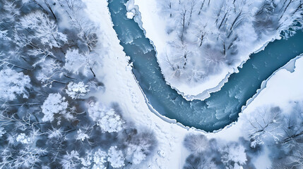 Sticker - An icy river winding through a snow-covered forest, captured from an elevated position to show the river's path and contrasting colors