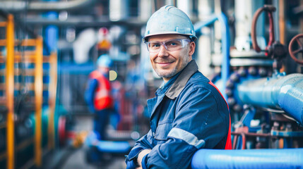 Wall Mural - Smiling worker in safety gear with industrial equipment and team