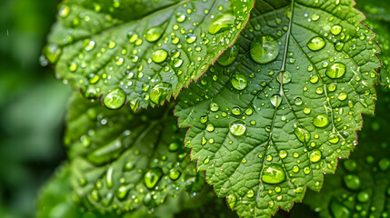 Poster - Close-up of raindrops on vibrant green leaves, using a macro lens to capture intricate details and textures