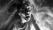 © AndyPhoton - Terrified woman surrounded by thick fog, showing fear and desperation